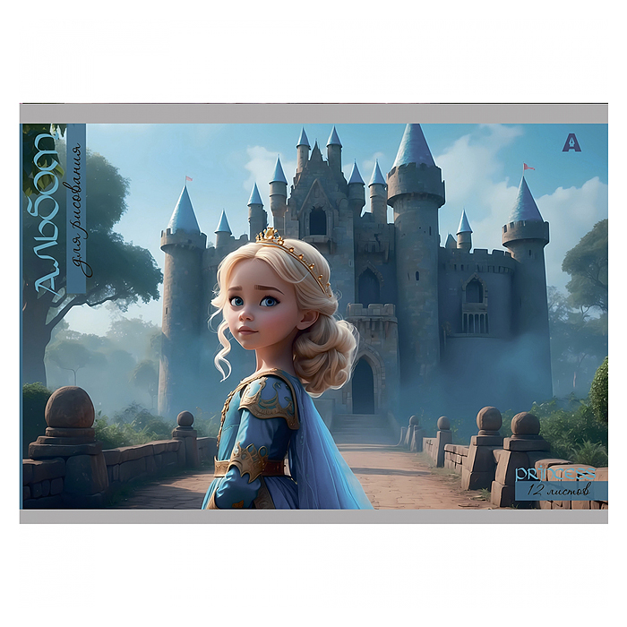 Альбом для рисования А4 12л., на скрепке, мелованный картон, "Принцесса у замка", 4 дизайна