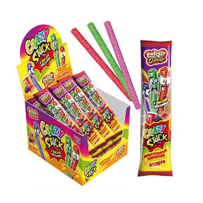 Жевательный мармелад в кислой обсыпке «CRAZY GUMMY. CRAZY STICK» ассорти 20гр*24шт