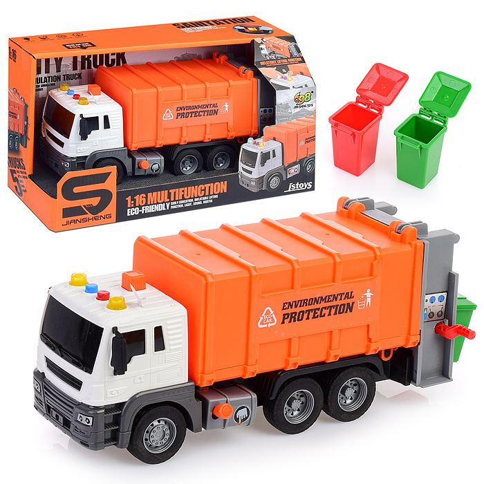 Машина JS108B "Мусоровоз" 1:16 (свет, звук) в коробке (оранжевый)