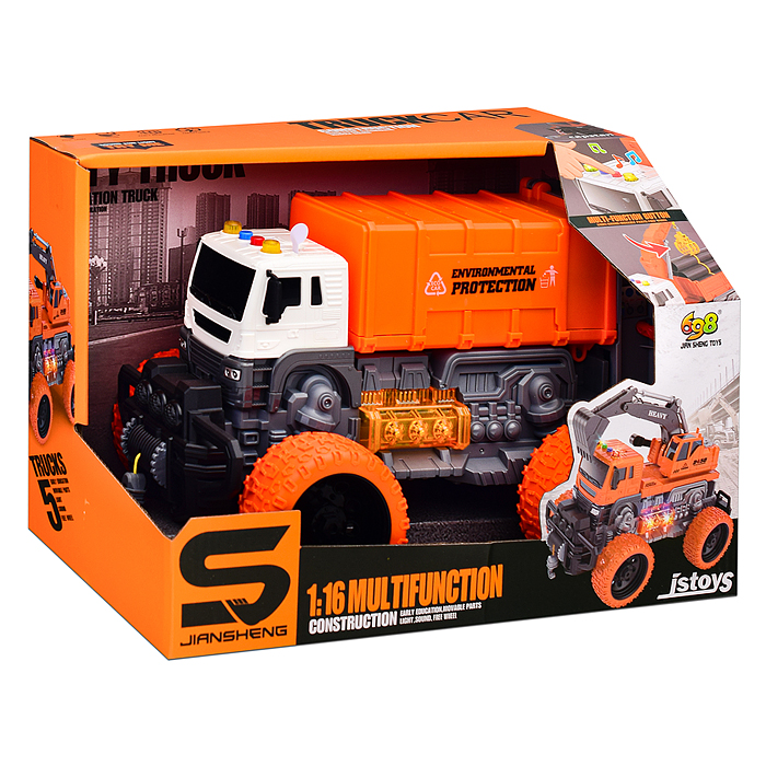 Машина JS108BS "Мусоровоз Мега Сити" 1:16 (свет, звук) в коробке (оранжевый)
