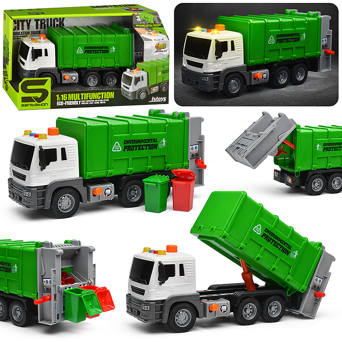 Машина JS108 "Мусоровоз" 1:16 (свет, звук) в коробке (зеленый)
