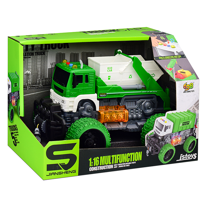 Машина JS107S "Мусоровоз для строительного мусора" 1:16 (свет, звук) в коробке