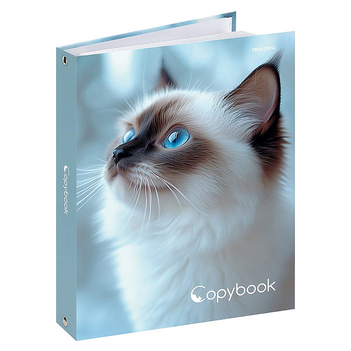 Тетрадь 80л. клетка "Голубоглазая кошка" на кольцах, глянцевая ламинац, лен