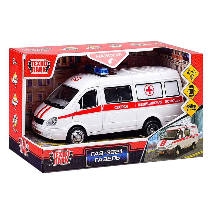 Машина пластик свет-звук Газель Скорая 20см, (открыв. двери) инер, коробке