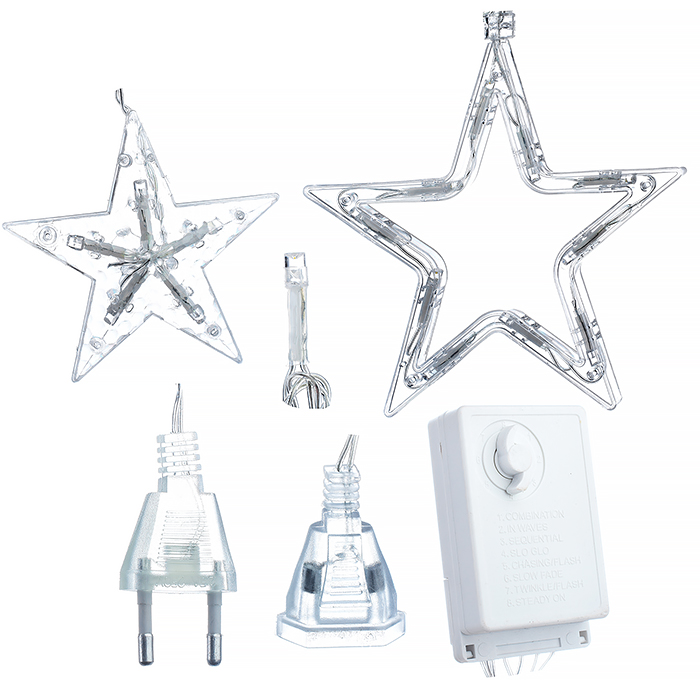 Электрогирлянда-занавес "Звёзды" (6 больших и 6 маленьких пластиковых звёзд), теплый
