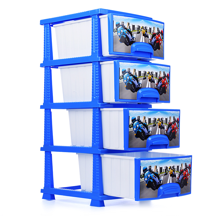 Комод "Декор" "Мотокросс" 4 секции темно-голубой / белый