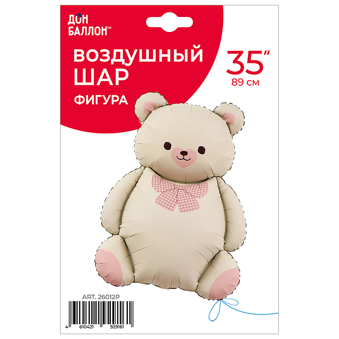 Шар (35''/89 см) Фигура, Мишка с бантом, Бежевый/Розовый, Сатин, 1 шт. в уп.