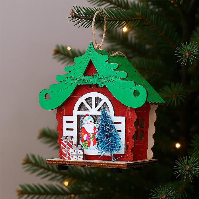 Новогоднее украшение S2396 "Домик со светом. Дедушка с подарками" в пакете