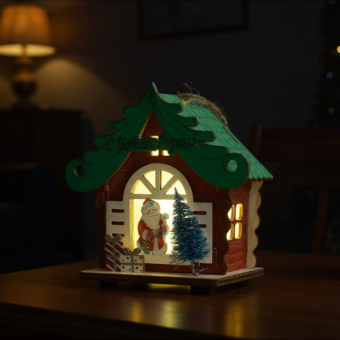Новогоднее украшение S2396 "Домик со светом. Дедушка с подарками" в пакете