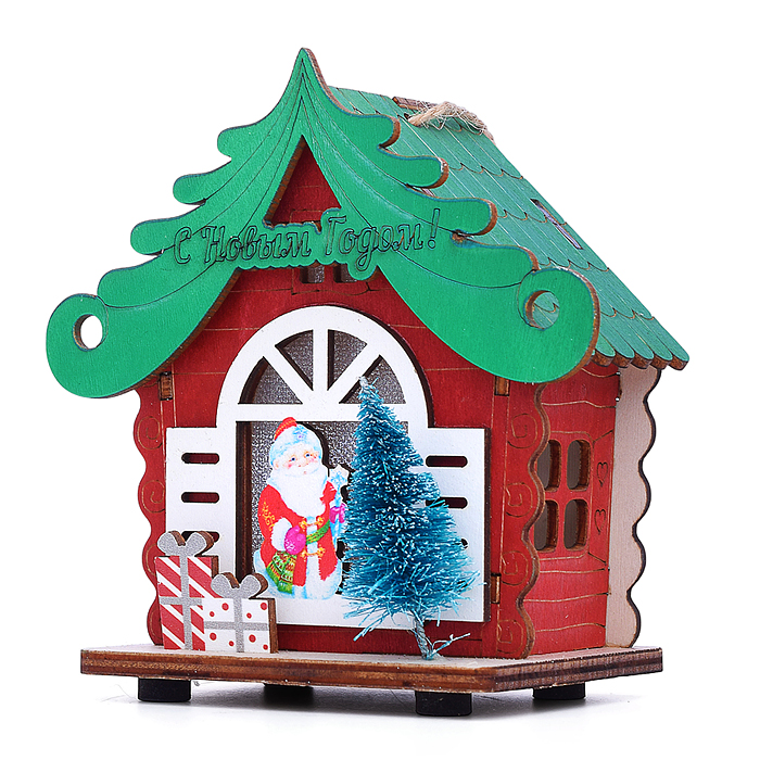 Новогоднее украшение S2396 "Домик со светом. Дедушка с подарками" в пакете