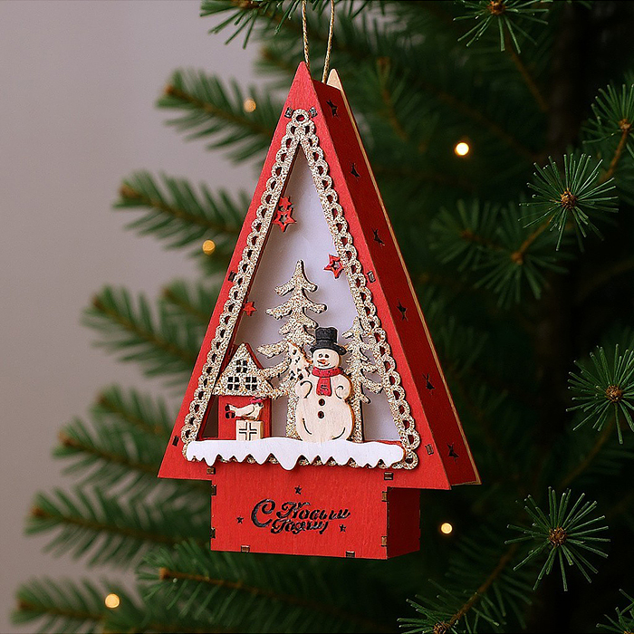 Новогоднее украшение S2398 "Домик со светом. Снеговик" в пакете