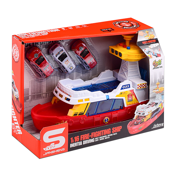 Катер JS160 "Гавань" на батарейках, с машинками, в коробке