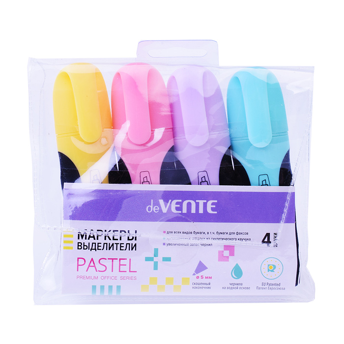 Набор маркеров-выделителей "Pastel" (04 цв - пастельные желт, роз, фиал, бирюз) плоский кор