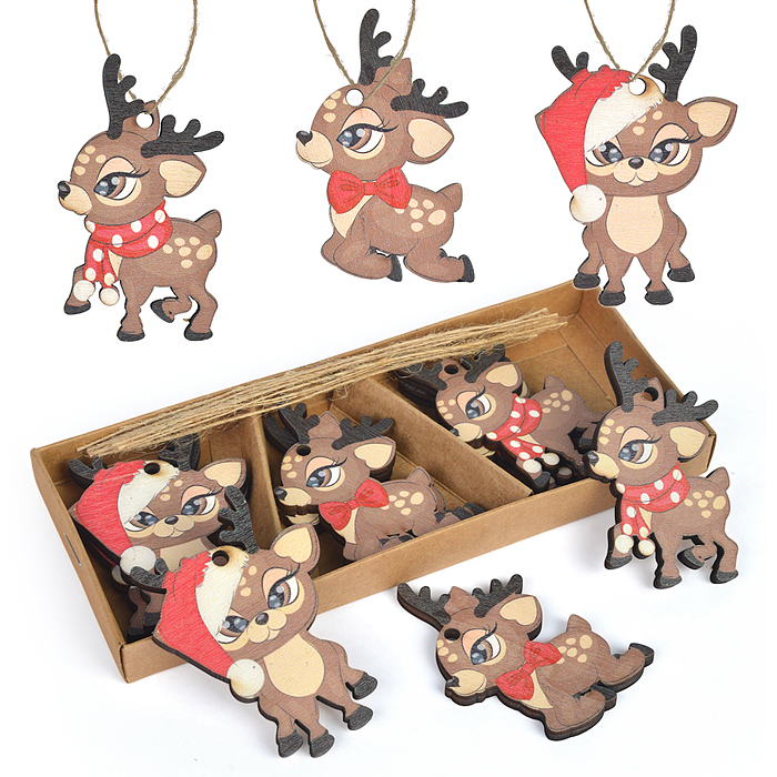 Набор новогодних украшений S2264 "Оленята" (6,5* 5 см х 9шт) в коробке