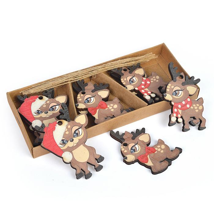 Набор новогодних украшений S2264 "Оленята" (6,5* 5 см х 9шт) в коробке