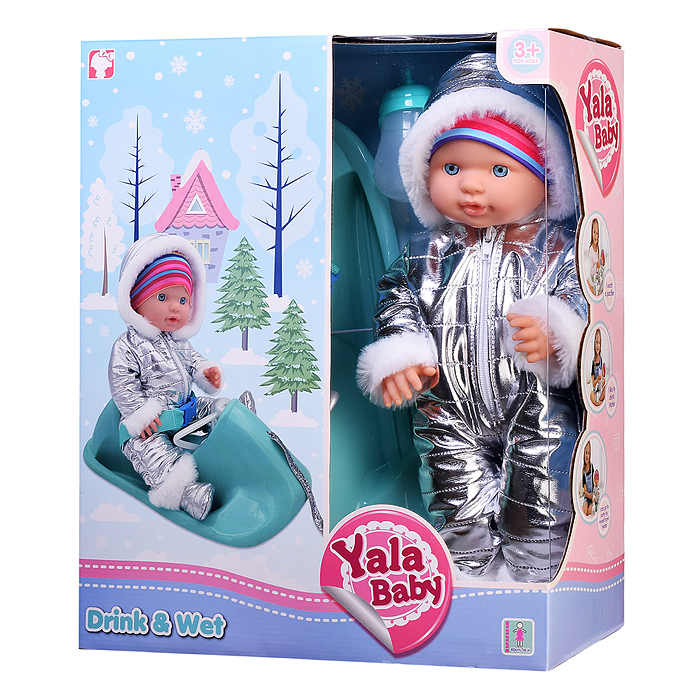 Пупс YL2440F-A "Андрейка" на санях (пьет, писает) с аксессуарами, в коробке