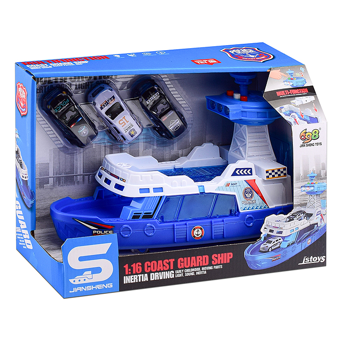 Фото к товару Катер JS160A "Патруль" на батарейках, с машинками, в коробке Катер JS160A "Патруль" на батарейках, с машинками, в коробке