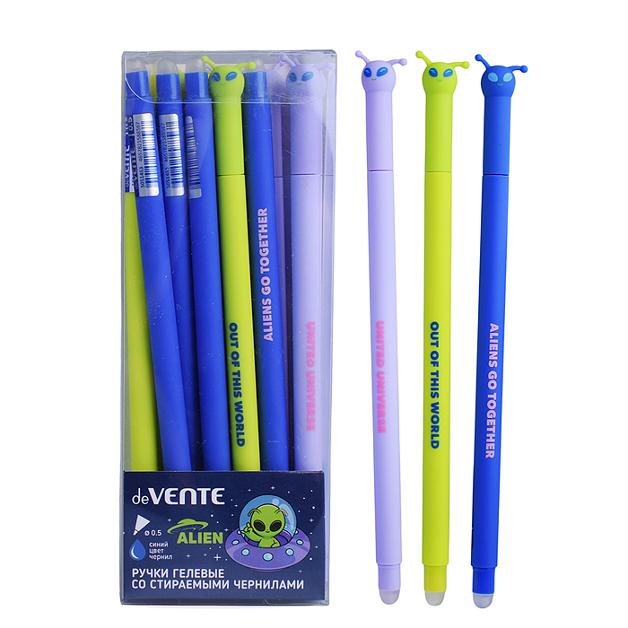 Ручка гелевая стираемая "Alien" d=0,5 мм, цвета корпуса ассорти 3 цвета, с декоративным эле