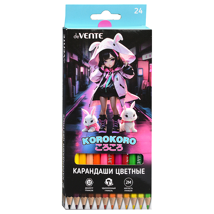 Карандаши цветные 24цв, "Korokoro" 2М, диаметр грифеля 2,8 мм, шестигранные
