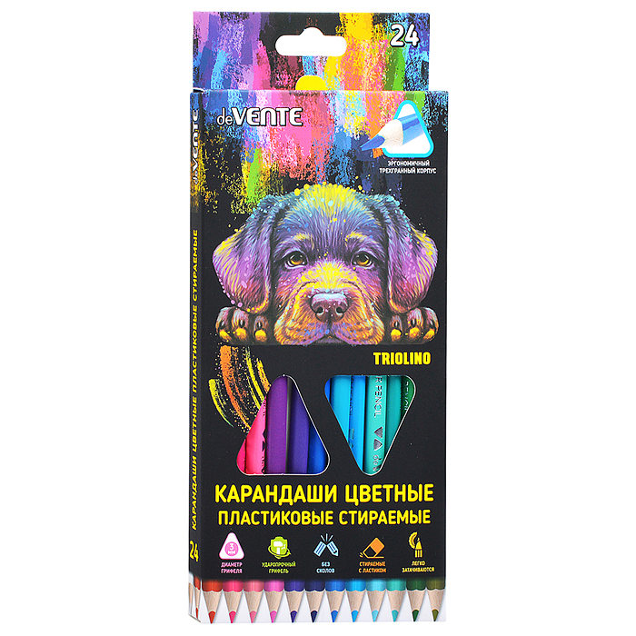 Фото к товару Карандаши цветные пластиковые "Triolino. Erase" стираемые, 24 цвета, 2М, диаметр грифеля 3мм Карандаши цветные пластиковые "Triolino. Erase" стираемые, 24 цвета, 2М, диаметр грифеля 3мм