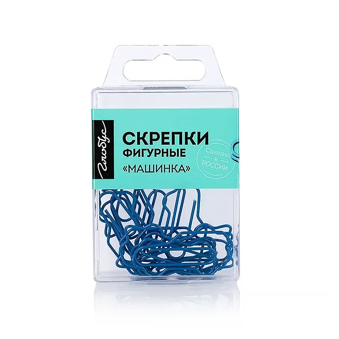 Скрепки фигурные машинка L40 мм, 12 шт., пластик. коробка, европодвес синие 
