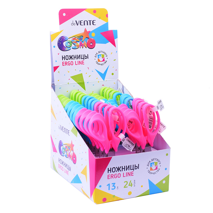 Ножницы детские "Cosmo Ergo Line" 13 см, с линейкой, эргономичные пластиковые кольца, в кар
