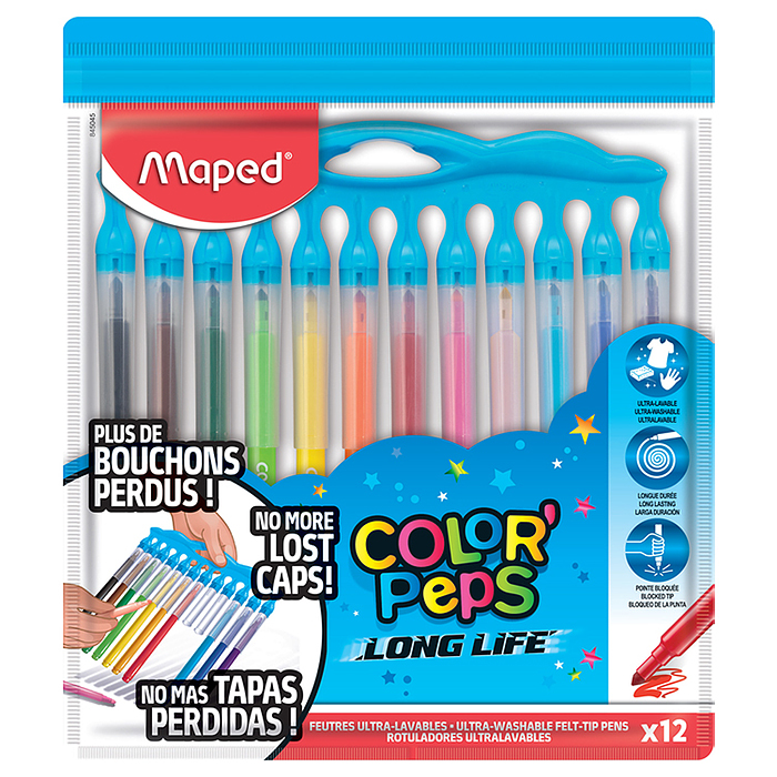 Фломастеры с заблокированным пишущим узлом "Color'peps long life" с нетеряющимися колпачками