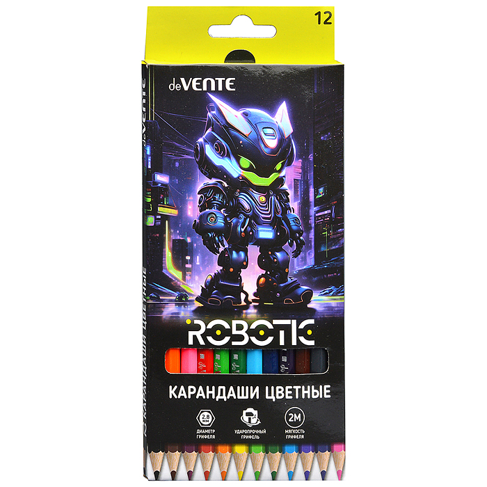 Карандаши цветные 12 цв. "Robotic" 2М, диаметр грифеля 2,8 мм, шестигранные, в картонно