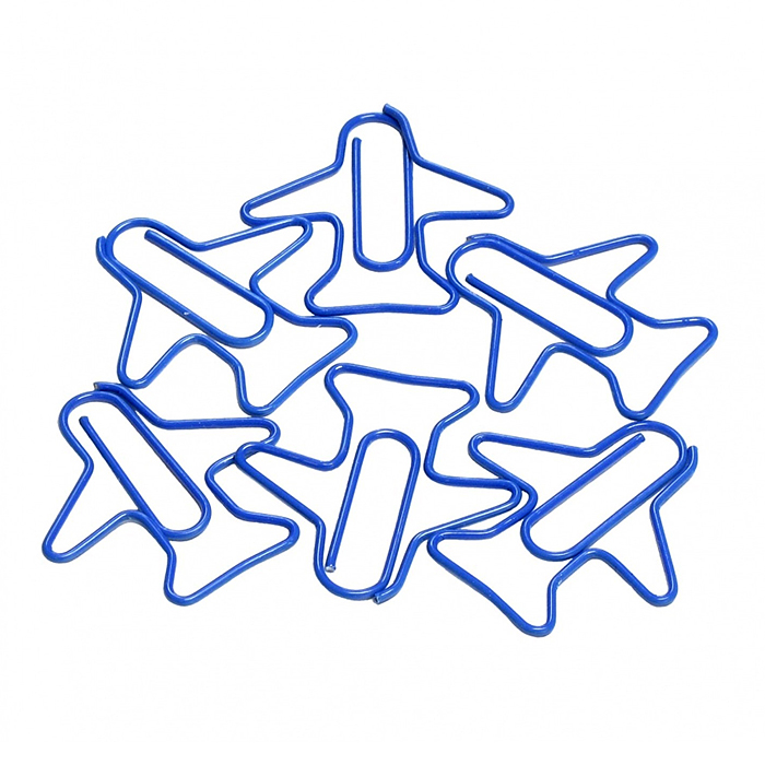 Скрепки фигурные самолет L28 мм, 12 шт.,пластик.коробка, европодвес синие 