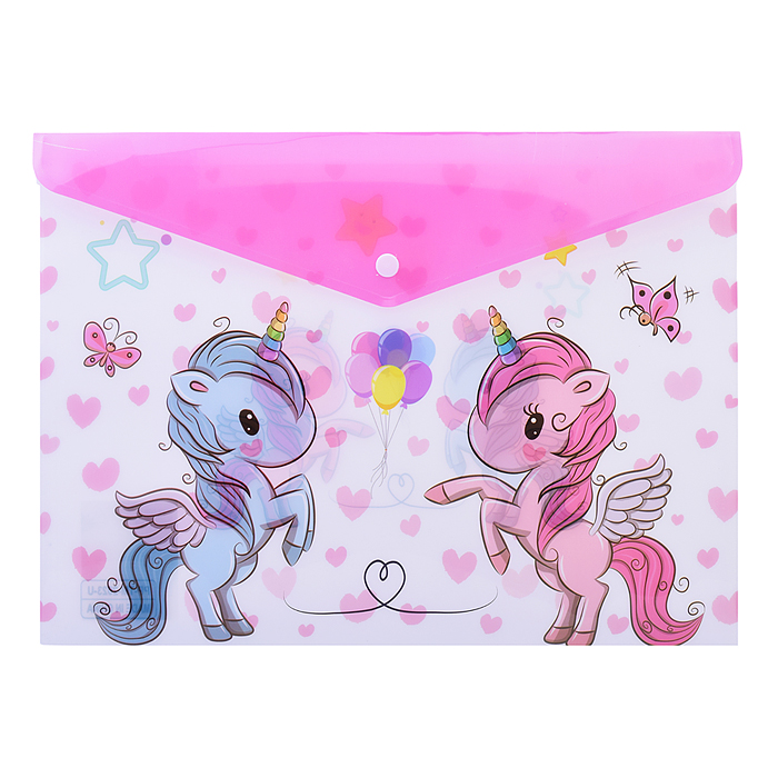Папка конверт на кнопке UNICORN, 26 х 36 см, , пластиковая, плотность 180 мкм, 4 дизайна в ассор
