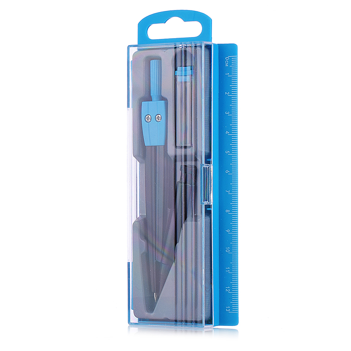 Готовальня в пенале с линейкой, цветным циркулем, 2предмета, синяя