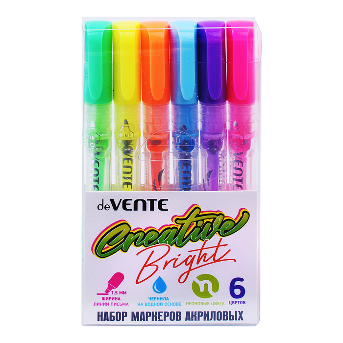 Набор маркеров акриловых 6 неоновых цветов, круглый корпус, пулевидный наконечник, ширин