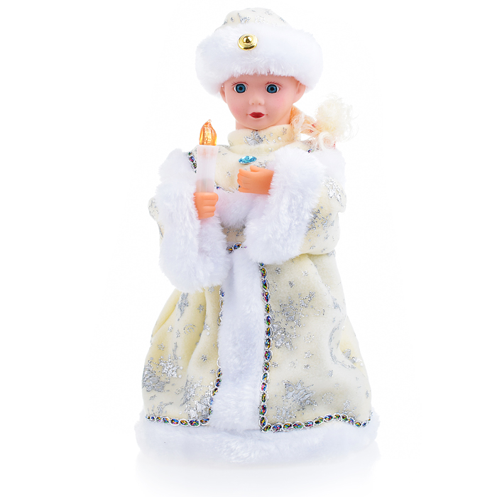 Снегурка S0095 со свечой в белой шубе, музыкальная 30см в коробке