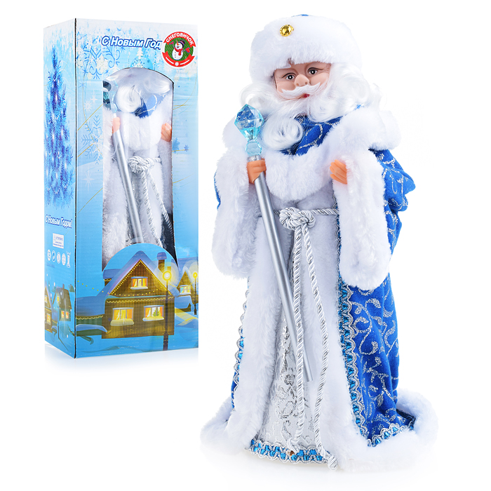 Дедушка Мороз S0099 с посохом в синей шубе, музыкальный 40см в коробке