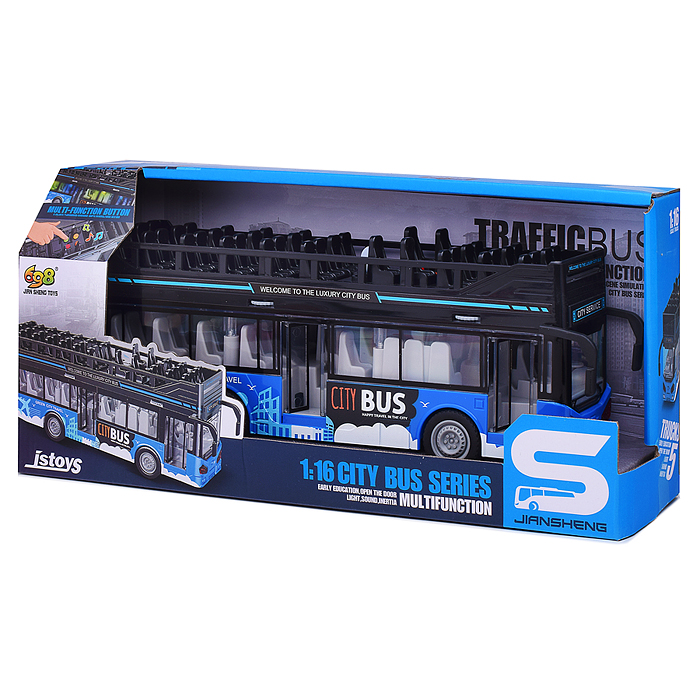 Автобус JS122 "Экскурсионный двухэтажный" 1:16 (свет, звук) в коробке (синий)