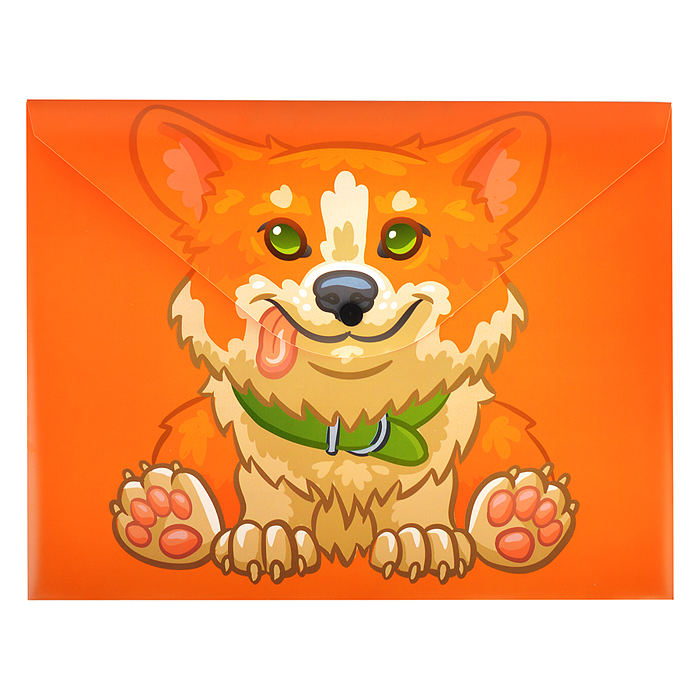 Папка-конверт на кнопке А4, пластик, Корги, 180 мкм, двусторонняя печать