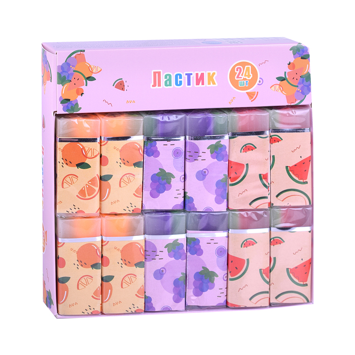 Ластик из синтетического каучука Фрукты, дизайны ассорти (апельсин, виноград, арбуз), в индиви