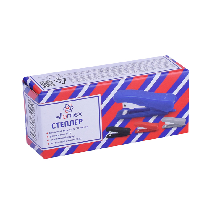 Степлер "Attomex" № 10 усиленный (мощность 18 листов, глубина скрепления 45 мм) пластиковый, в карто