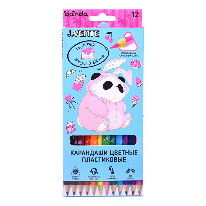 Карандаши цветные 12 цв., пластиковые "Panda" 2М, диаметр грифеля 3 мм, трёхгранные, пла