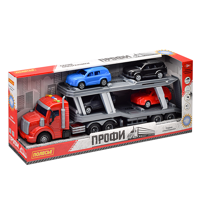 Автомобиль-тягач "Профи" с полуприцепом-автовозом инерционный (со светом и звуком) + 4 автомобиля (