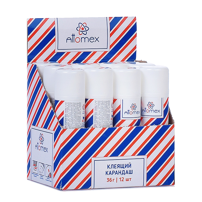 Клеящий карандаш PVA основа "Attomex" 36 г в картонном дисплее с пластиковым поддоном