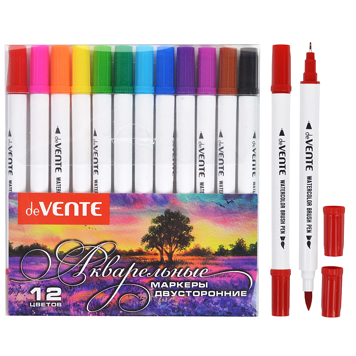 Маркеры акварельные 12 цветов, двусторонние (кистевидный до 2 мм/пулевидный в металлическо