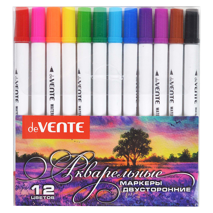 Маркеры акварельные 12 цветов, двусторонние (кистевидный до 2 мм/пулевидный в металлическо
