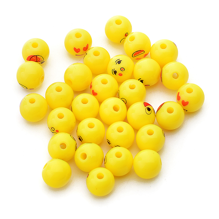 Бусины декоративные "Emoji" пластиковые, размер 0,8 см, 30 шт, желтые, с принтом, в пластик///