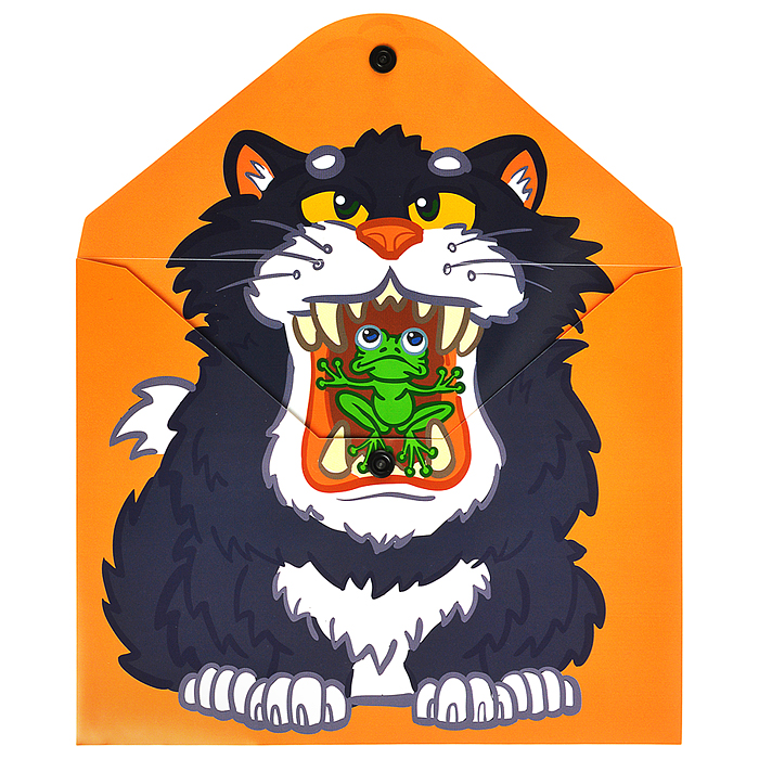 Папка-конверт на кнопке А5, пластик, "Кот с лягушкой" 180 мкм, двусторонняя печать