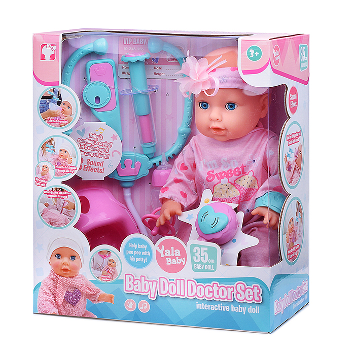 Пупс YL2535C-K "Аленка" доктор (пьет, писает) с аксессуарами, в коробке