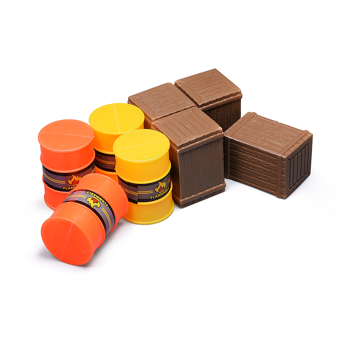 Погрузчик JS130Е с прицепом и цистернами (свет, звук) в коробке (красный)