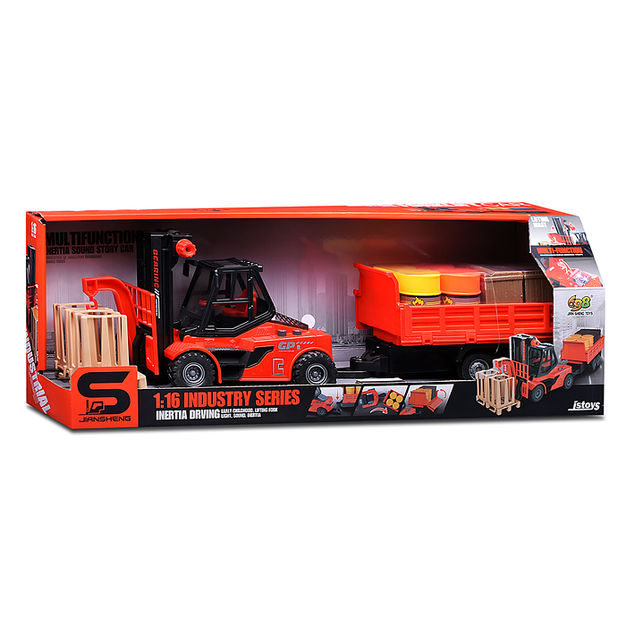Погрузчик JS130Е с прицепом и цистернами (свет, звук) в коробке (красный)