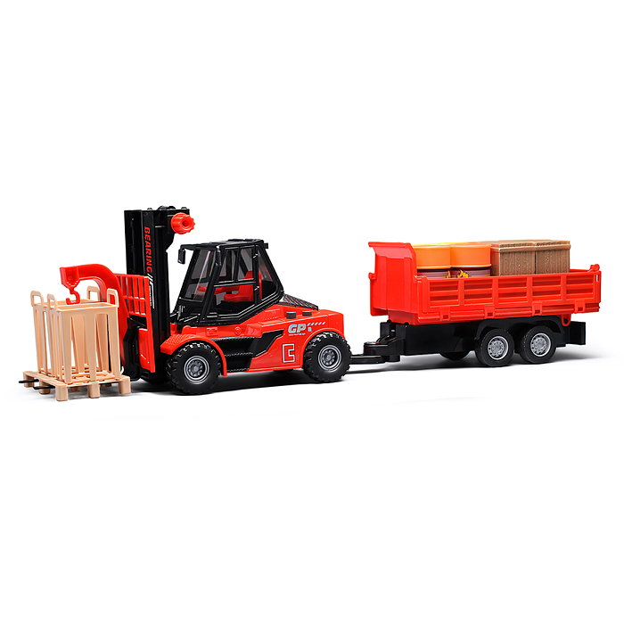 Погрузчик JS130Е с прицепом и цистернами (свет, звук) в коробке (красный)