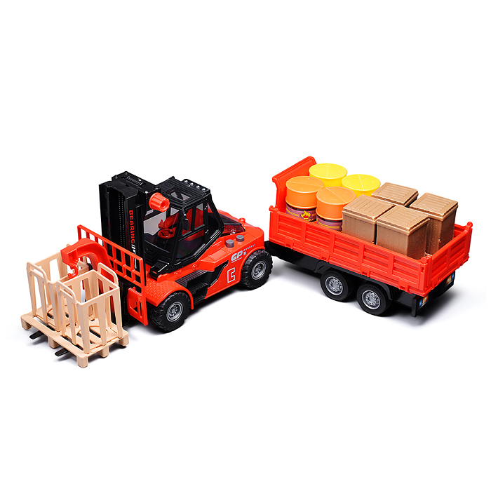 Погрузчик JS130Е с прицепом и цистернами (свет, звук) в коробке (красный)